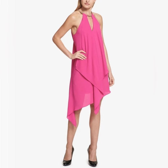 Kensie Pink Draped Snake-Chain Keyhole Asymmetric Dress - Picture 1 of 11